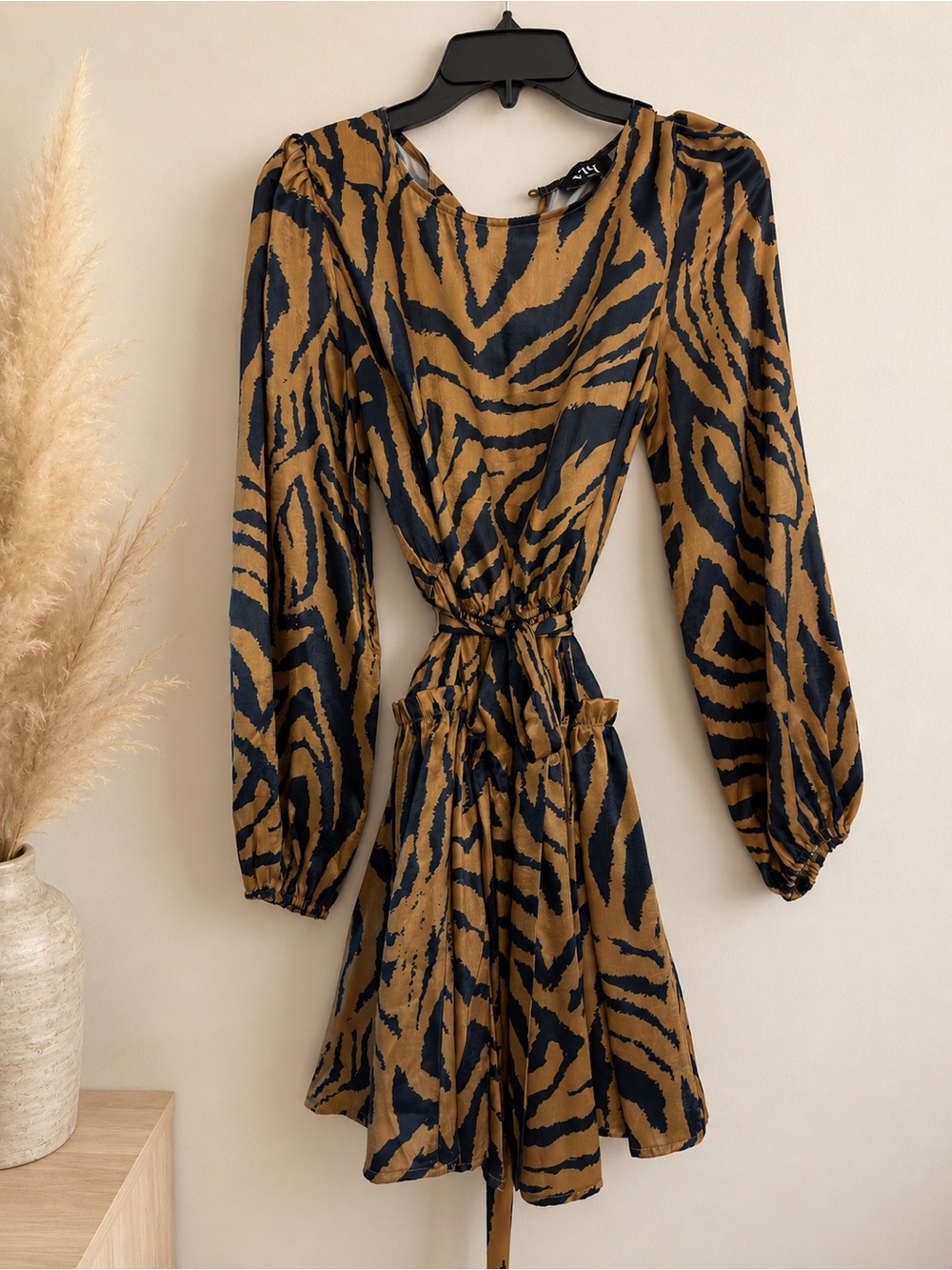 Vici Long-Sleeve Zebra Print Tie-Waist Dress in Brown & Black